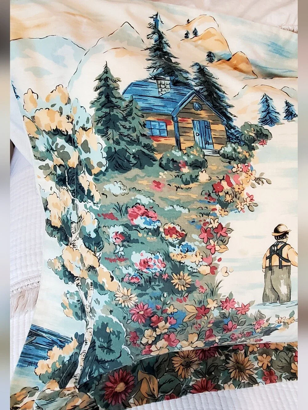 3 Vintage Pillow Shams Fisherman/Cabin/Mountains Creamy Ivory/Blues EUC